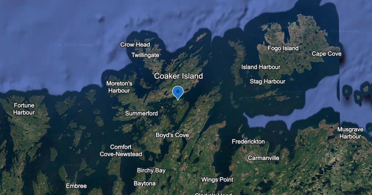 Satellite map showing Coaker Island's location between Twillingate, Fogo Island and Summerford, Newfoundland